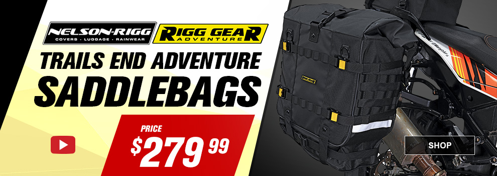 Nelson-Rigg, Rigg Gear Adventure, Trails End Adventure Saddlebags, Video, Price $279 and 99 cents, the saddlebag attached to an adventure bike, link, shop